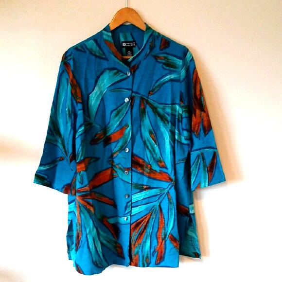 Maggie Barnes Silk Tunic Button Up Leaf Print - Picture 1 of 4